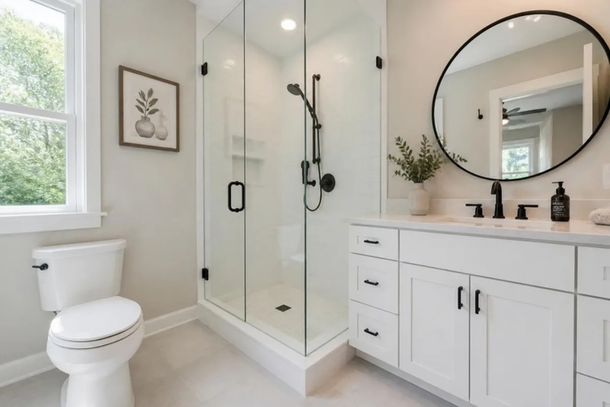 Remodeled bathroom with glass walk-in shower and white vanity