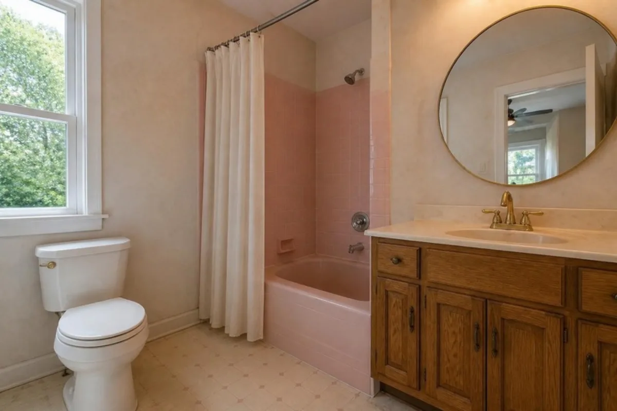 Dated bathroom with pink tile tub and oak vanity