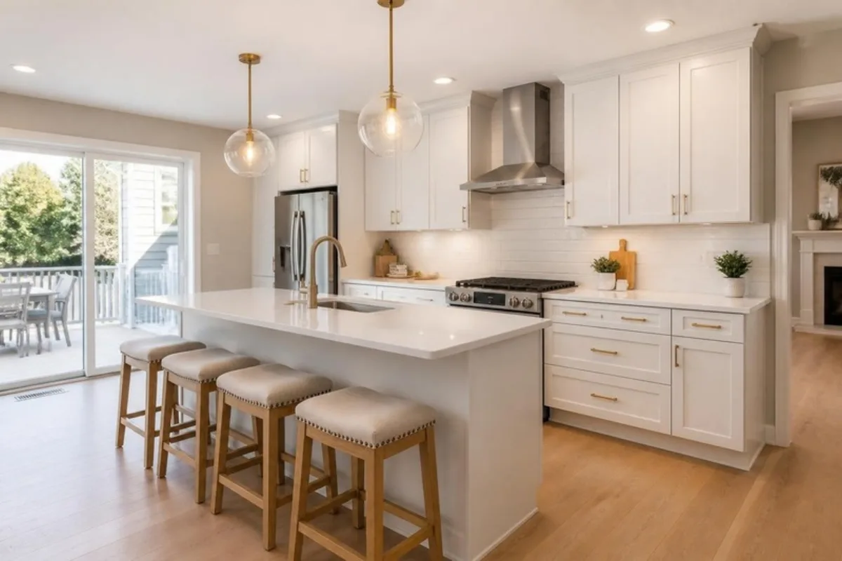 Remodeled kitchen with white shaker cabinets, quartz island and pendant lights