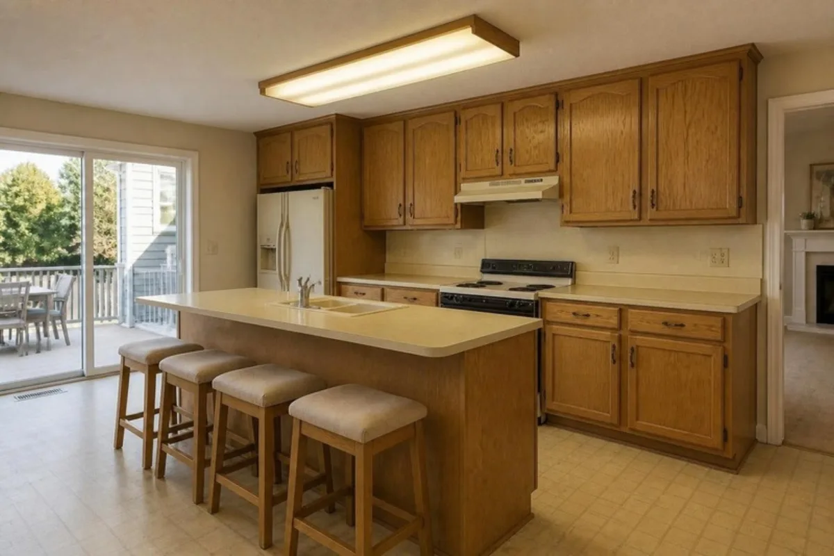 Dated kitchen with oak cabinets, laminate counters and vinyl floor
